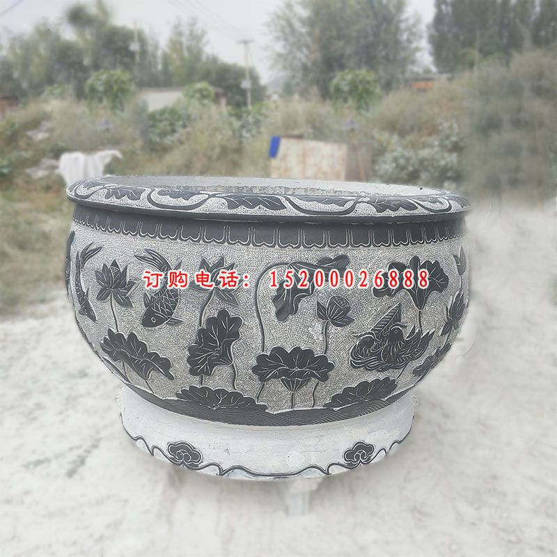 青石荷花缸 庭院圆形水缸石雕 (3)