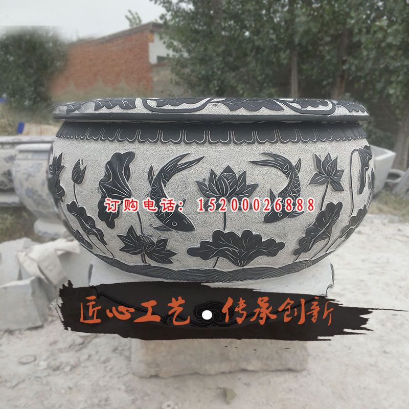 青石荷花缸 庭院圆形水缸石雕 (2)
