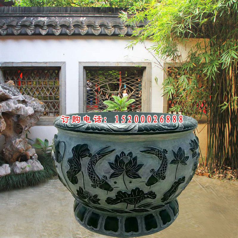 青石仿古鲤鱼莲花浮雕水缸 公园圆形水缸石雕 (6)