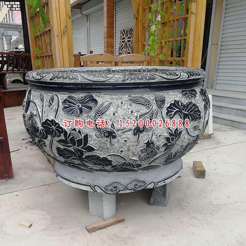 青石荷花水缸    石雕庭院景观雕塑 (4)