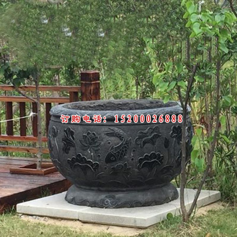 青石荷花水缸  石雕别墅景观雕塑 (2)
