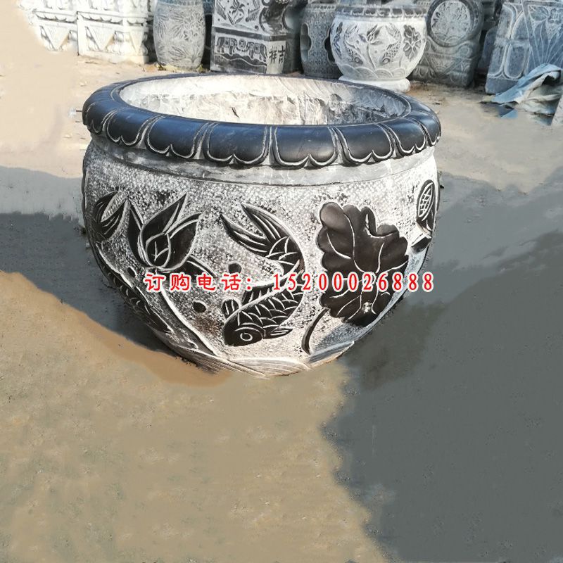 青石荷花水缸  石雕小区景观雕塑 (1)