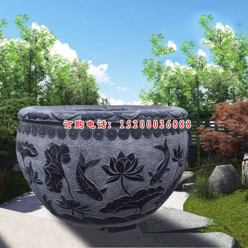 青石荷花水缸  石雕小区景观雕塑 (8)