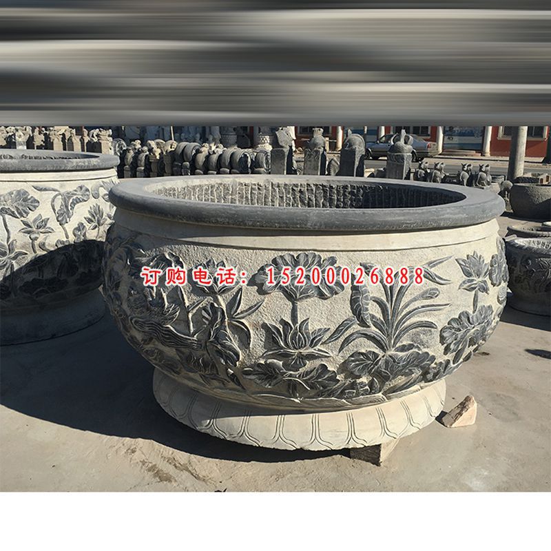 青石荷叶水缸  石雕小区景观雕塑 (5)