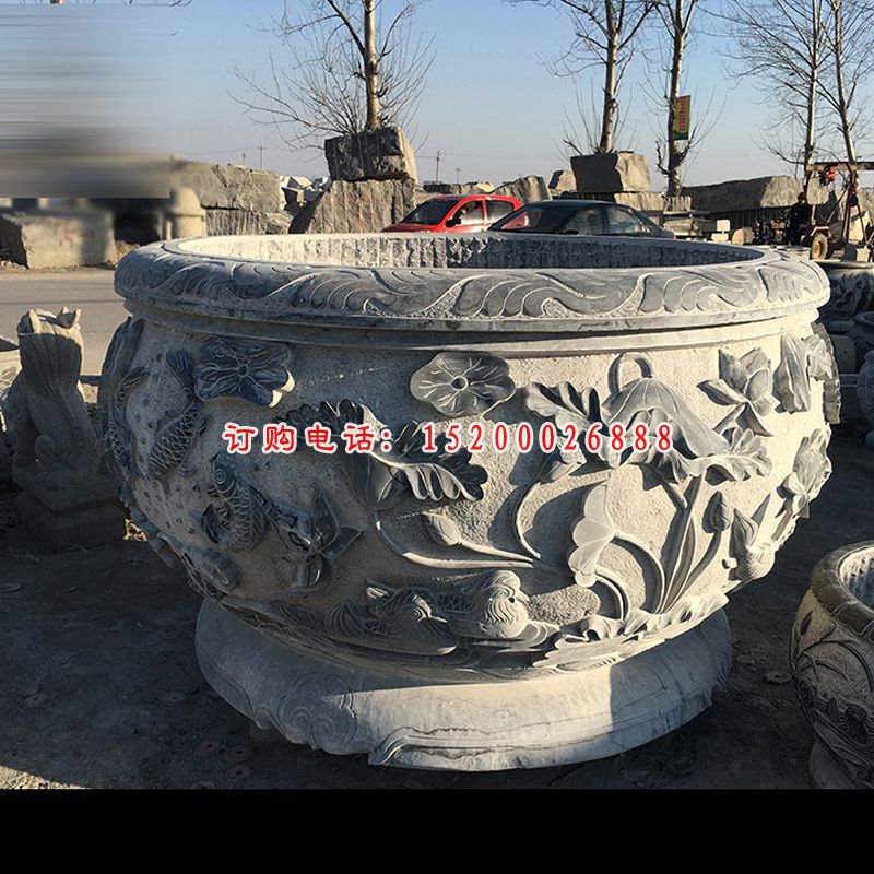 青石荷叶水缸  石雕小区景观雕塑 (4)