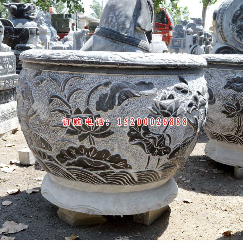青石蝴蝶水缸  石雕公园景观雕塑