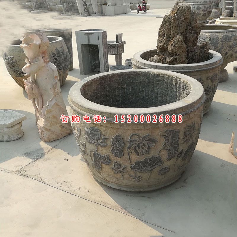 青石荷花水缸  石雕别墅景观雕塑 (1)