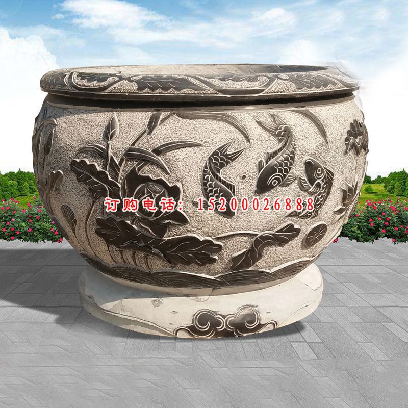 青石鲤鱼水缸  石雕公园景观雕塑