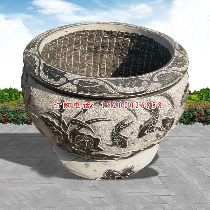 青石鲤鱼水缸  石雕小区景观雕塑