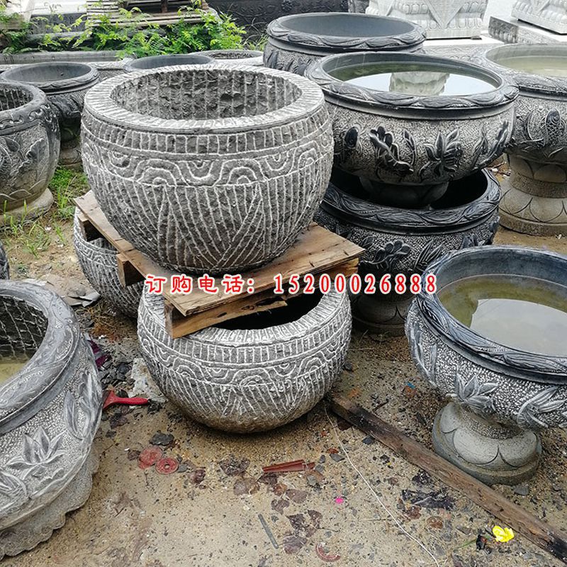 青石莲花花盆    石雕庭院景观雕塑 (6)