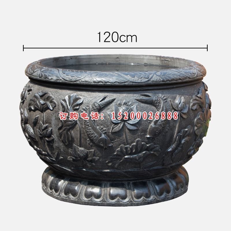 青石水缸，荷花鲤鱼石浮雕水缸