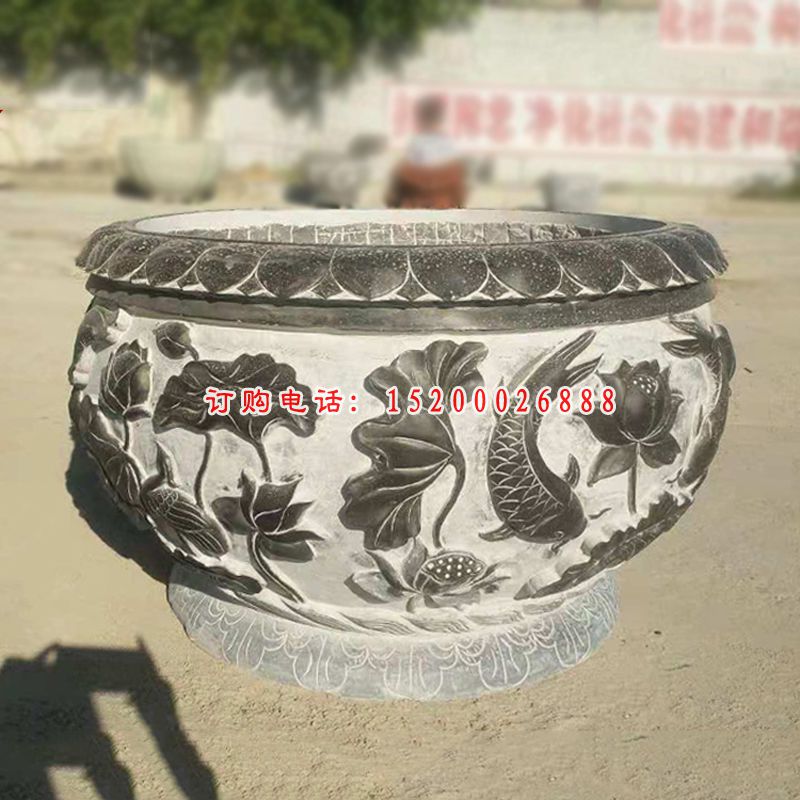 青石水缸雕塑，仿古石水盆 (3)