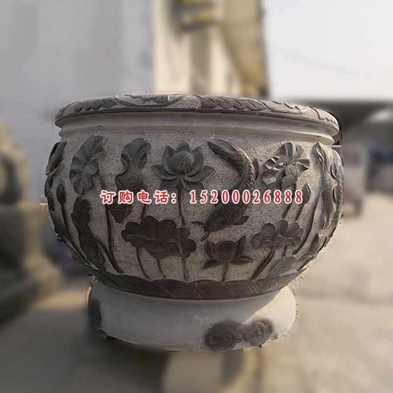 青石水缸雕塑，仿古石水盆 (5)