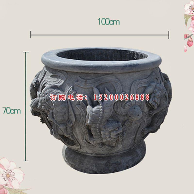 狮子戏绣球浮雕水缸，仿古景观石雕