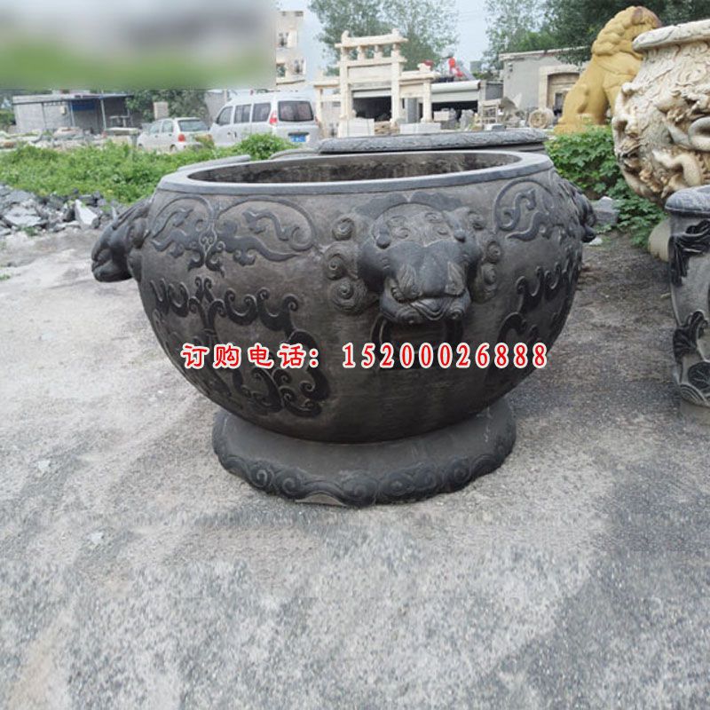 狮头耳缸石雕，圆形仿古水缸石雕