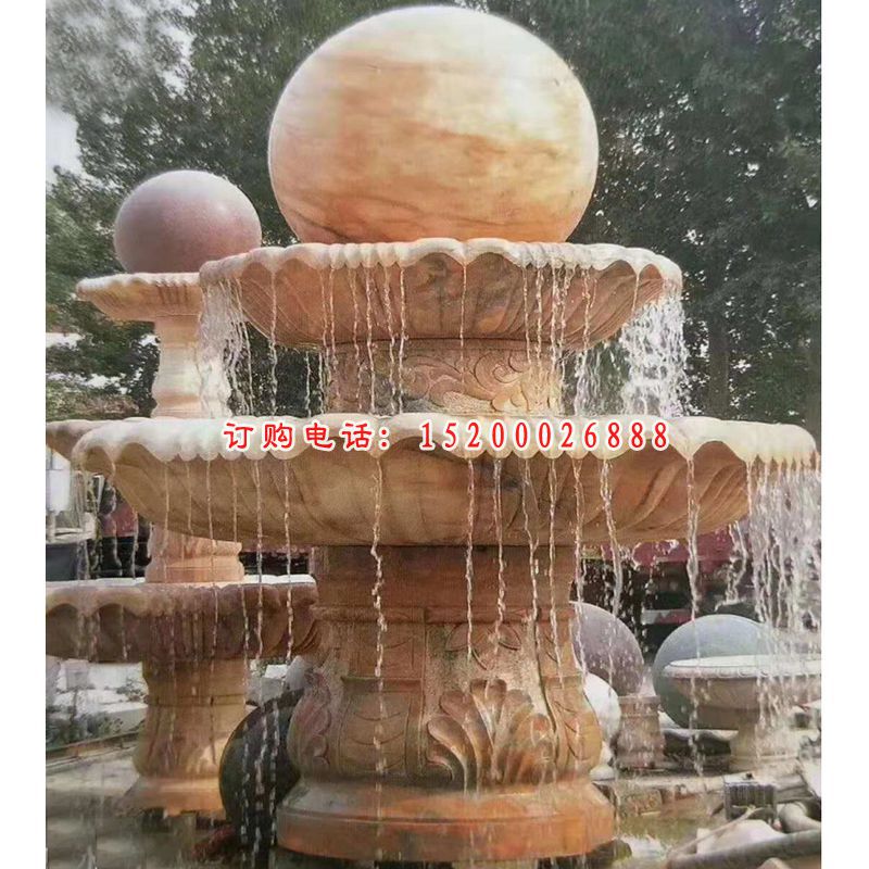 晚霞红风水球喷泉石雕，酒店景观石雕 (1)