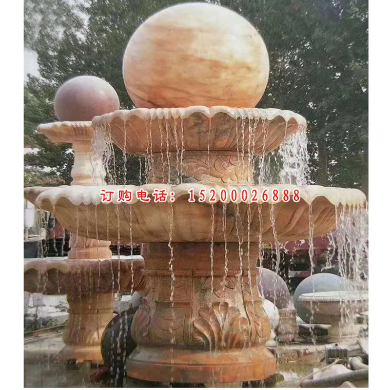 晚霞红风水球喷泉石雕，酒店景观石雕 (2)