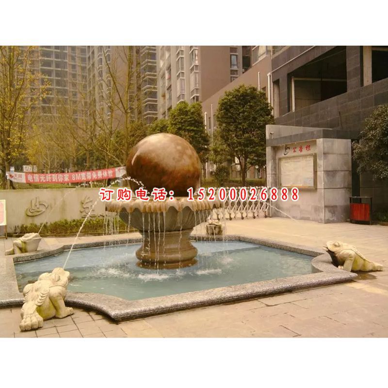风水球石雕，晚霞红风水球喷泉雕塑 (1)