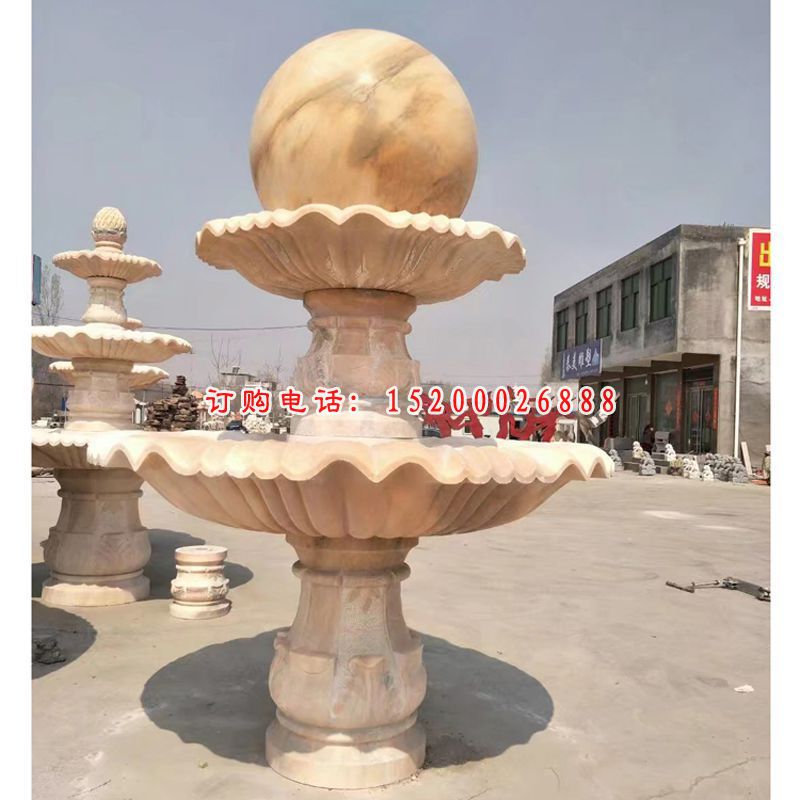 双层风水球喷泉石雕，晚霞红风水球喷泉