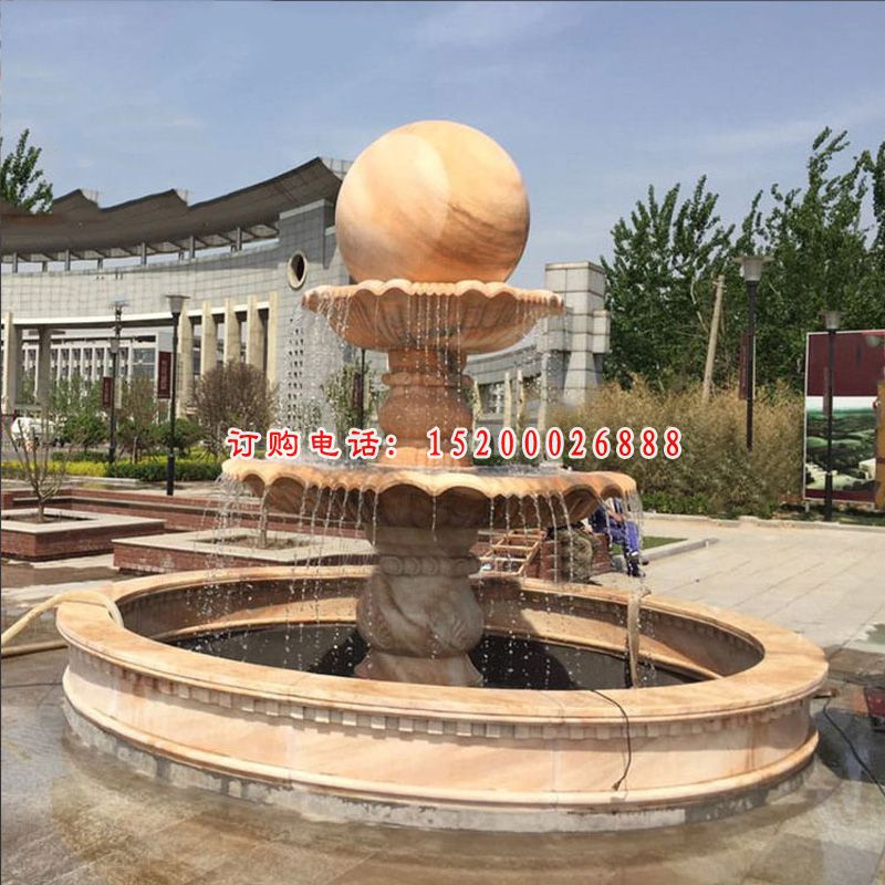晚霞红风水球雕塑，景观喷泉石雕 (2)