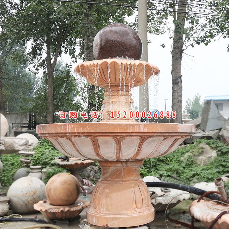 晚霞红风水球喷泉石雕，酒店景观石雕