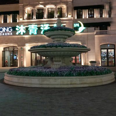 黄锈石大型喷泉花盆雕塑，酒店门口景观石雕