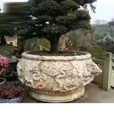 龙浮雕花盆，水缸石雕 