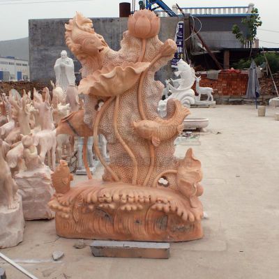 景观石雕，晚霞红荷花鱼