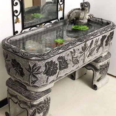 喷水鲤鱼石水槽 青石仿古水缸 