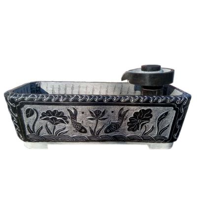 青石流水摆件 荷花鲤鱼浮雕石水缸