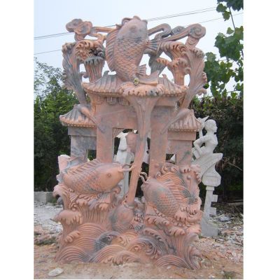 鱼跃龙门雕塑，晚霞红景观石雕