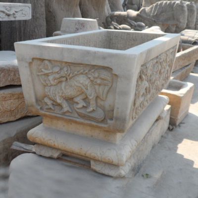 麒麟浮雕石水缸 长方形水槽石雕