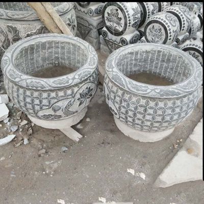 大理石花纹浮雕水缸雕塑，庭院景观石雕