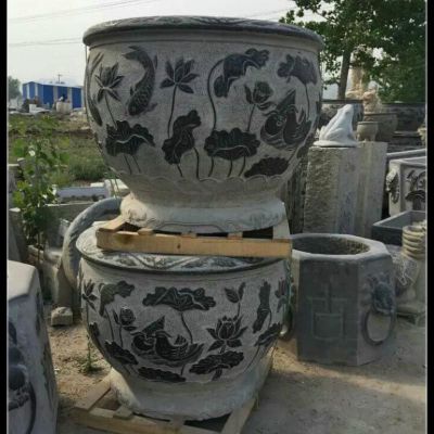 仿古石雕水缸，荷花浮雕水盆