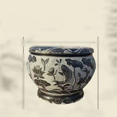 仿古石雕水缸，荷花鱼浮雕水缸 