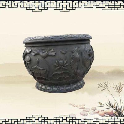仿古荷花石浮雕水缸雕塑，公园景观摆件