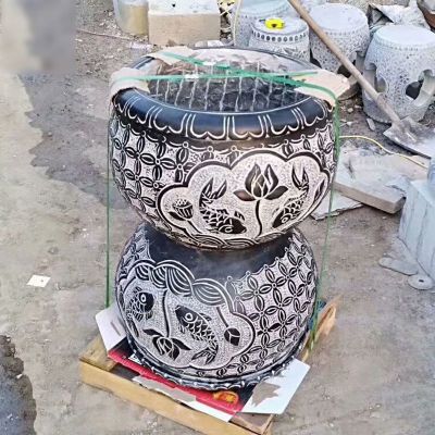 仿古石雕水缸，荷花鱼浮雕水缸