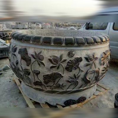 仿古石雕水缸，青石圆形鱼缸 