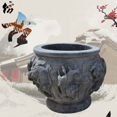仿古石水缸，圆形水缸雕塑