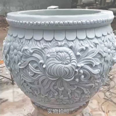 汉白玉花纹浮雕水缸，圆形石水缸