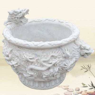 汉白玉龙浮雕荷花缸 庭院石雕水缸 