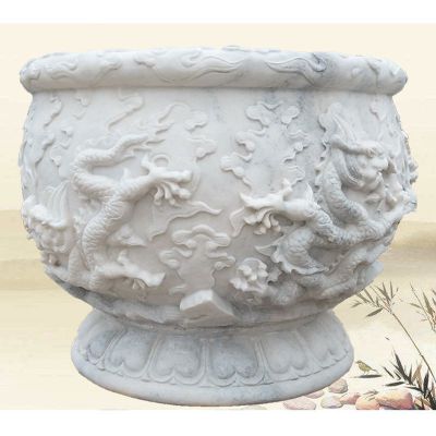 汉白玉龙浮雕荷花缸 庭院石雕水缸