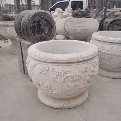 汉白玉水缸雕塑，公园石水缸，仿古水缸