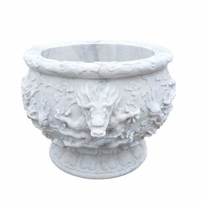 汉白玉水缸雕塑，庭院景观石雕