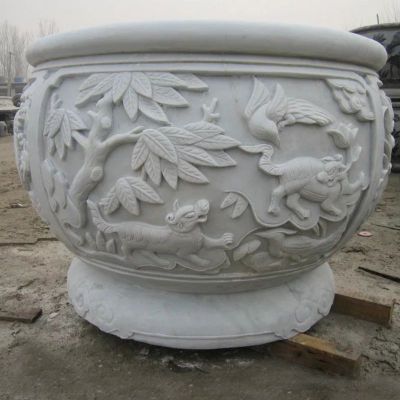汉白玉水盆石雕，仿古水盆