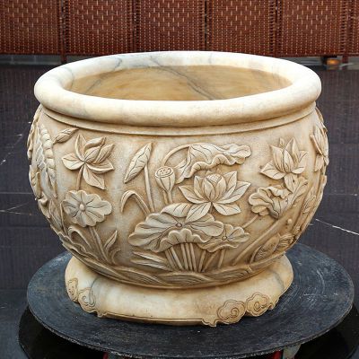 荷花浮雕水缸，公园景观石雕