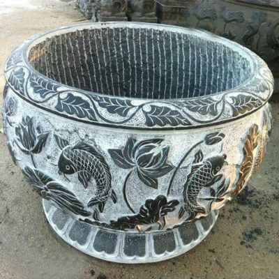 荷花鲤鱼浮雕石水缸  青石仿古水缸石雕 