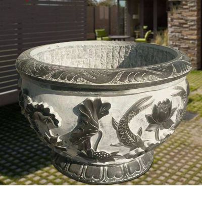 荷花鲤鱼浮雕石水缸  青石仿古水缸石雕 