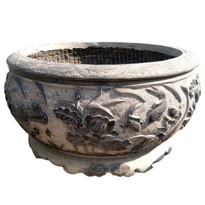 荷花鲤鱼石浮雕水缸，青石水缸雕塑