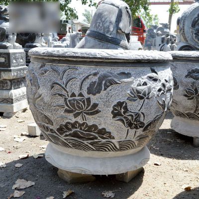 荷花水缸石雕，青石水缸